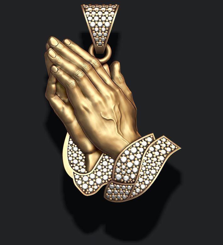 Praying Hands Pendant Necklace with gems bas-relief