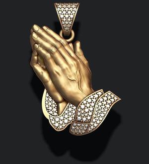 Praying Hands Pendant Necklace with gems bas-relief