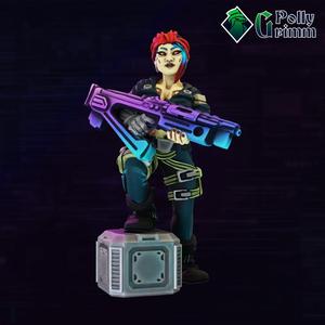 Cyberpunk sci-fi tabletop miniature. Soldier female with gun