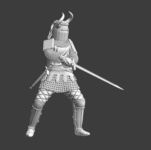 Medieval Knight fighting with sword – horned helmet