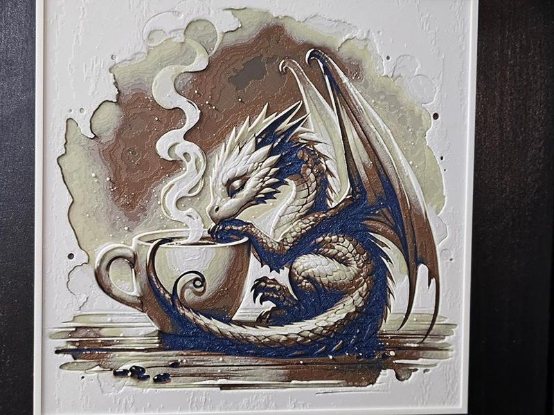 Coffee and Dragon Wall art – Hueforge – 200×200 – 4 colors