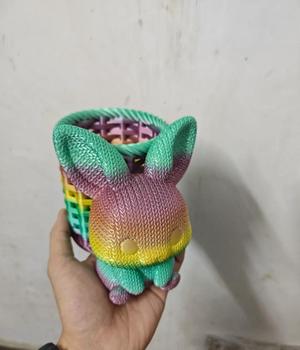 Knitted Rabbit Pen Holder with Bamboo Basket