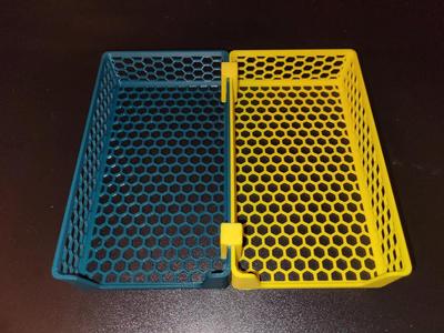 Several sized Organizers for drawers with hexagon walls and bottom as well as closed or open front and connector, sev