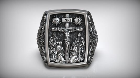 Jesus Christ Crucifix Cross Mary and Saints Christian Ring