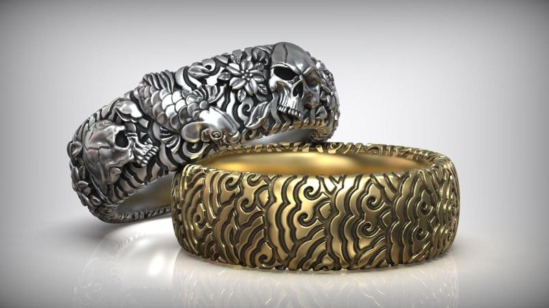 Japan Ornament Skull Carp Koi Flower Wedding Ring