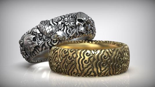 Japan Ornament Skull Carp Koi Flower Wedding Ring